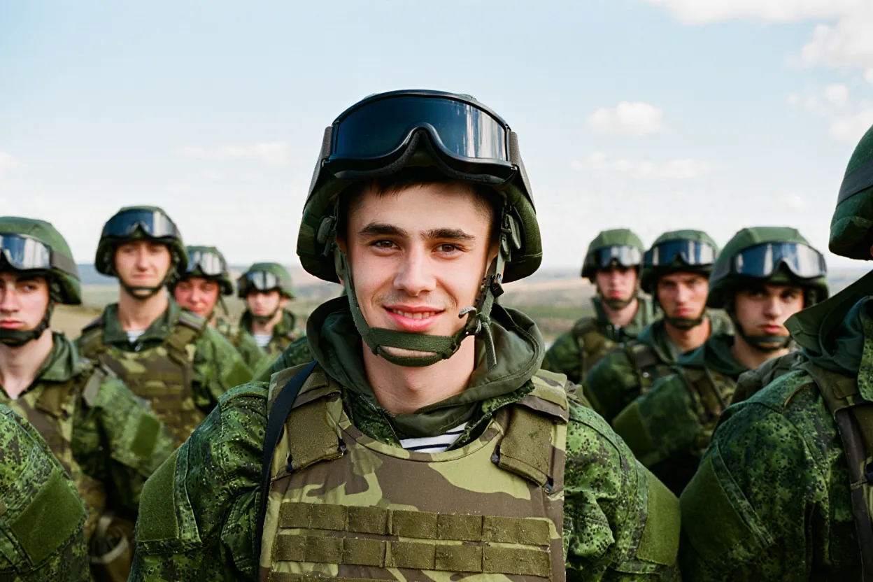 Группа мобилизованных солдат, стоящих в строю, с портретным акцентированием одного из солдат